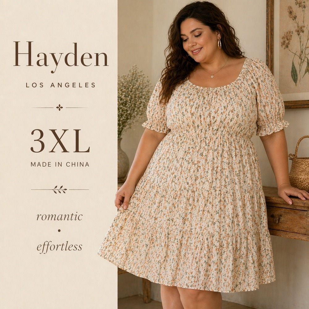 Hayden Los Angeles Dress Womens 3XL Cream Floral Tiered Puff Sleeve Cottagecore